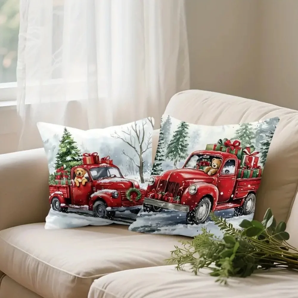 (New in Bag) Festive Red Truck Holiday Pillow Covers